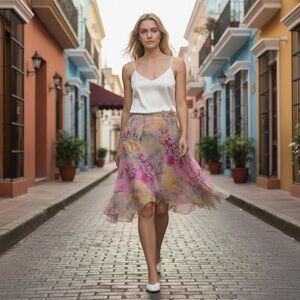 I.C.E 100% Silk Floral Asymmetrical Midi Skirt Zipper Closure Fully Lined Sz 10